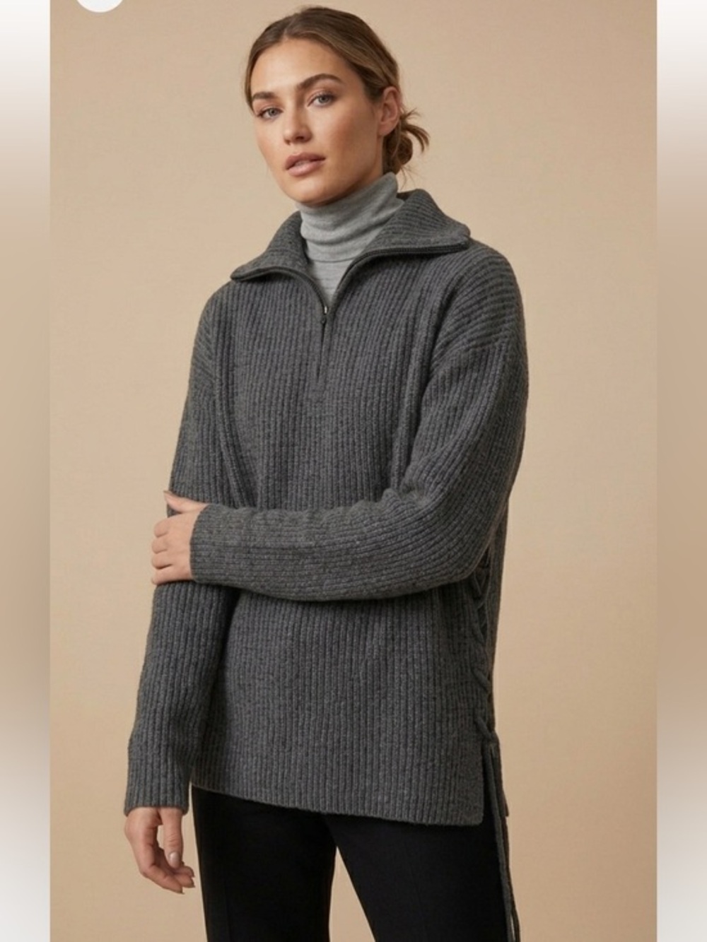 Oak + Fort Grey Charcoal Half-Zip Knit Oversized Sweater Size Small